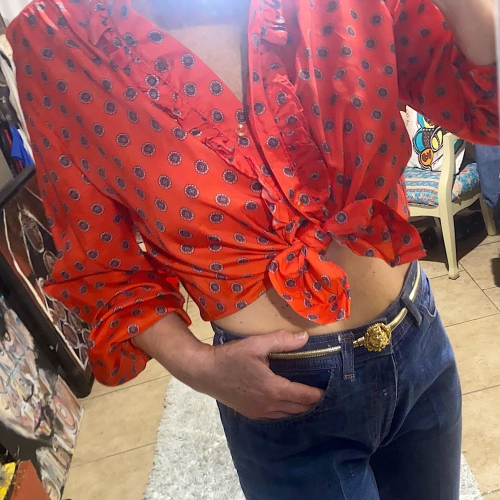 70s American True Vintage Ruffle Button Up Long Sleeve Red Secretary Blouse Top